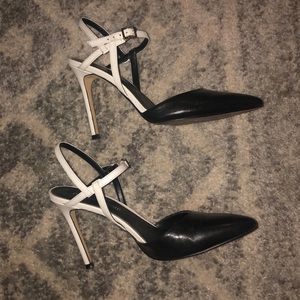 Black and white strappy heels
